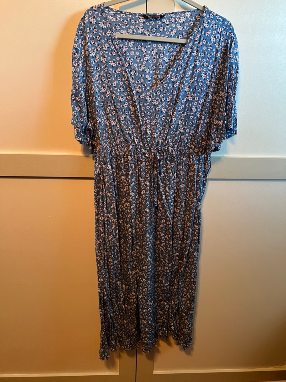 BloomChic Blue Floral Wrap-Style Midi Dress